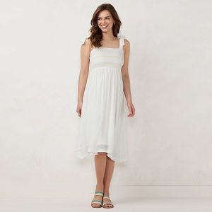 LC Lauren Conrad Smocked Dress White Rainbow Tie Shoulder Detail Size M